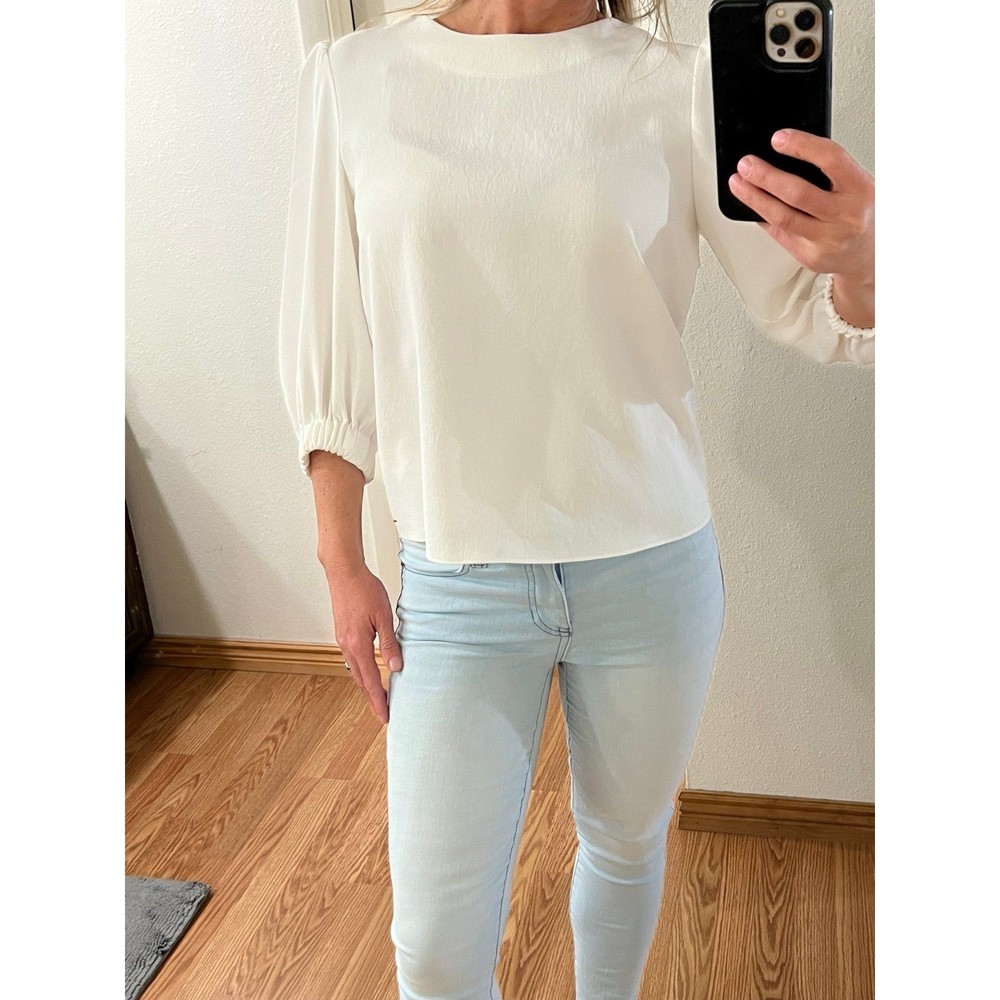 Tibi White Blouse Shirt 3/4 Puff Sleeve Partial Open Back Straps - Picture 6 of 11